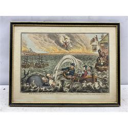 James Gillray (British 1756-1815): 'British Tars Towing the Danish Fleet into Harbour; the Broad-Bottom Leviathan trying Billy's Old Boat, and the Little Corsican tottering on the Clouds of Ambition', early 19th century etching with hand-colour pub. Hannah Humphrey, London, 1st October 1807, 25cm x 35cm with full margins