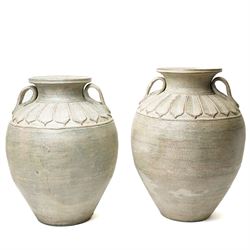 Near pair of large Taiwanese urns, with repeating leaf boarder to the neck, H49cm and H51cm (2)