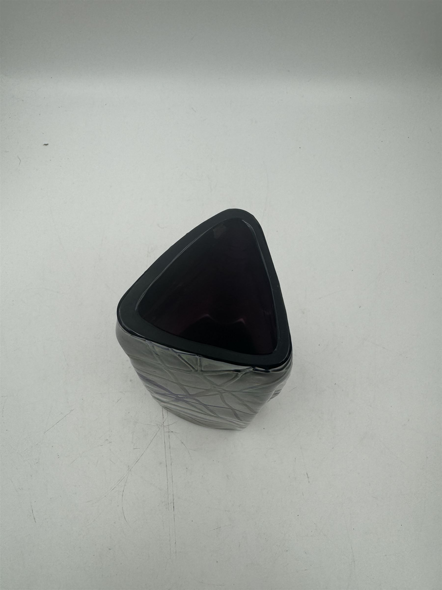 Austrian Art Nouveau Pallme-Konig vase, the tapering triangluar iridescent black glass body with irregular matt thread decoration, H26cm