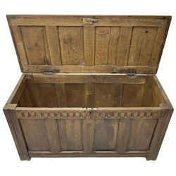 18th century and later oak coffer or chest, rectangular quadruple panelled hinged top, over arcade carved frieze and panelled sides, on stile supports