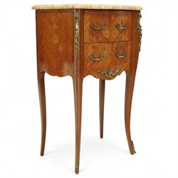 Pair of early 20th century French marquetry bedside cabinets, each serpentine marble top above two drawers with floral inlay, ormolu mounts and handles, on slender cabriole supports with sabots