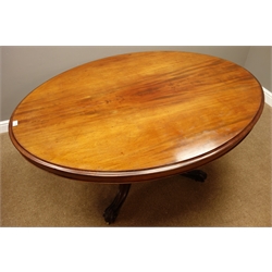  Victorian mahogany tilt top loo table, oval moulded top, turned and carved column, four splayed legs, 147cm x 107cm, H75cm  