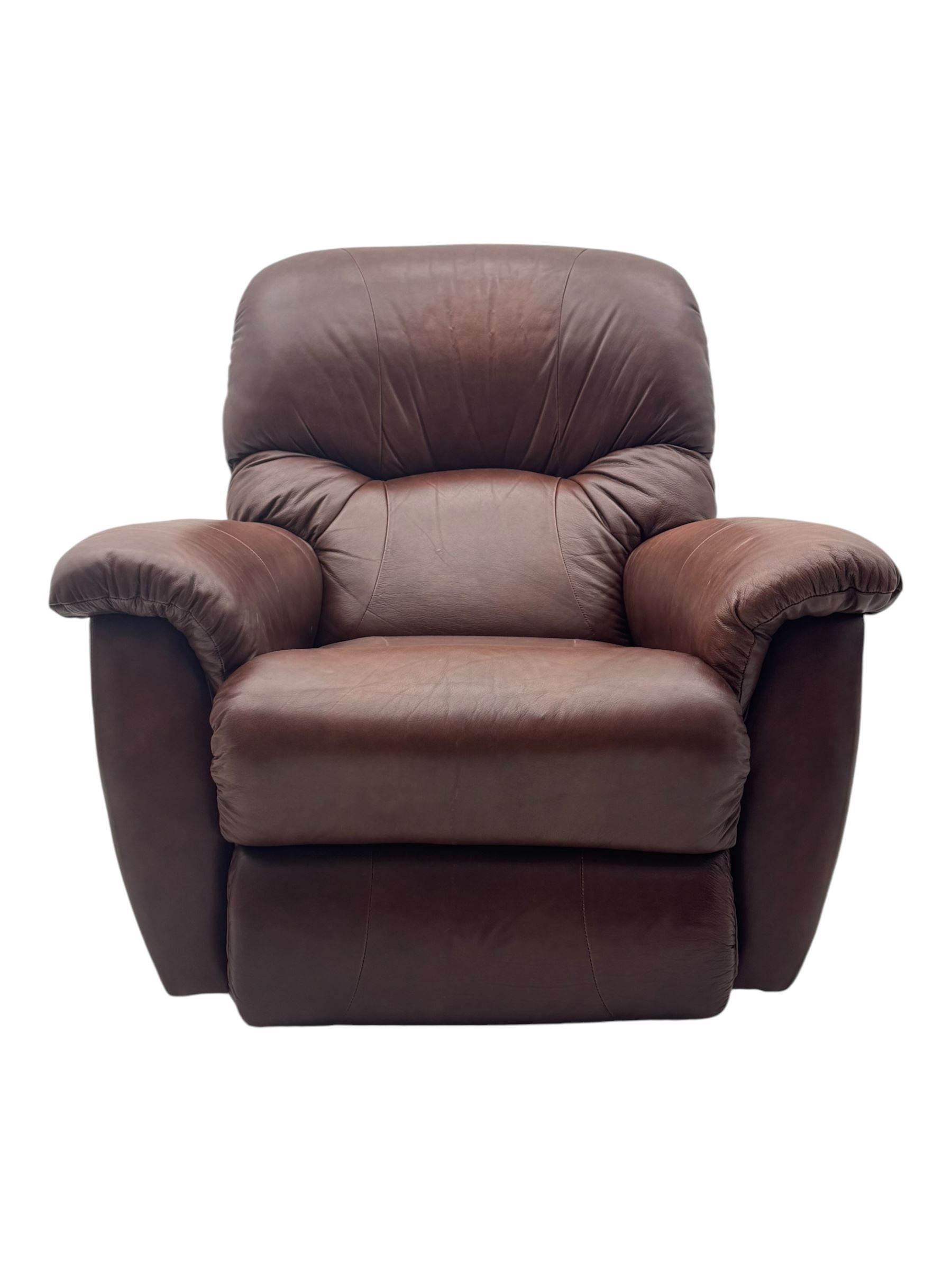 La-Z-Boy - manual reclining three piece suite - two seater sofa (W165cm, H105cm); and two armchairs (W98cm), upholstered in brown leatherette