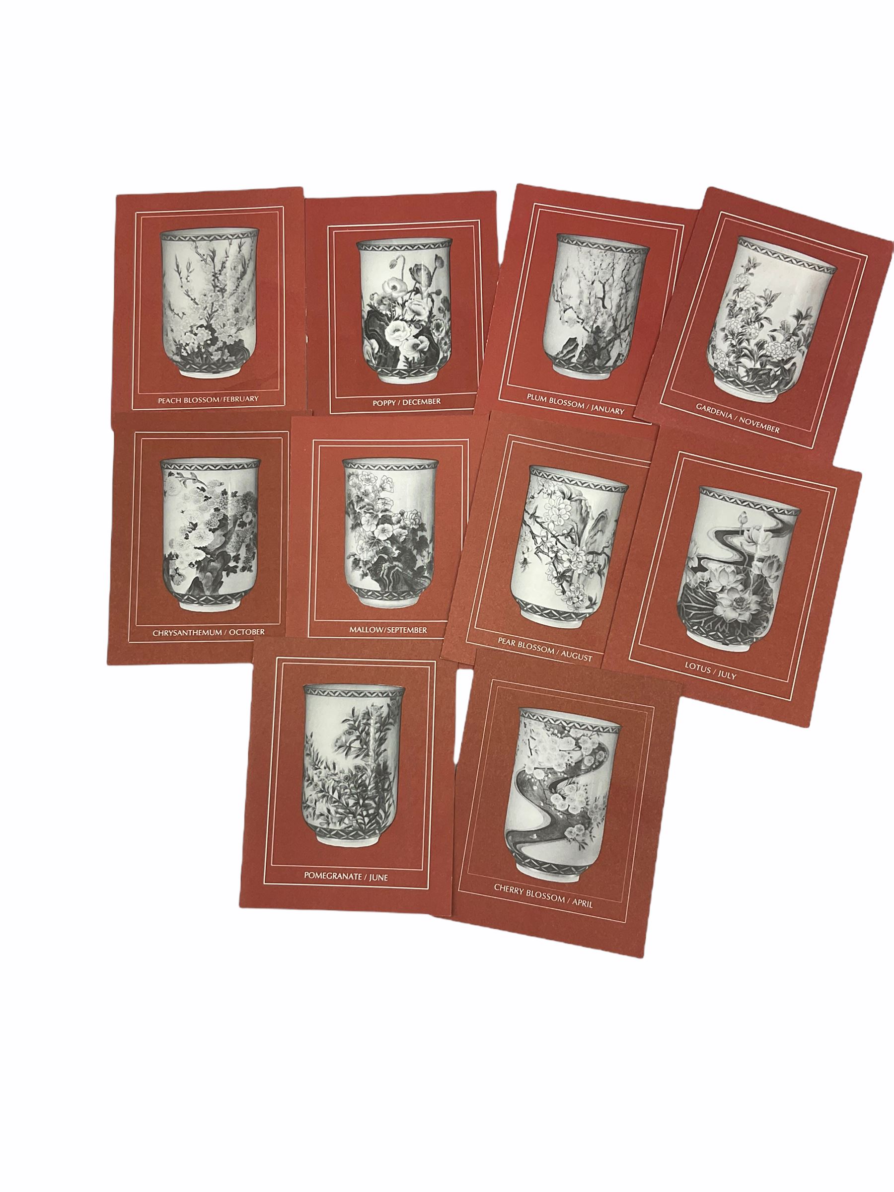The Melodies Of Love Franklin porcelain Music Box Collection, to include 'I love you', 'Till the end of time', and 'Tonight we love', eight in total, together with Franklin porcelain 'Japanese' tea cups of 12 months, in stand. 