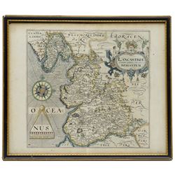 Gulielmus Hole (British ?-1624) and Christopher Saxton (British 1540-1610): 'Lancastriae Comitatus palatinus olim pars Brigantum', 17th century engraved map with hand-colouring of Lancaster 33cm x 39cm