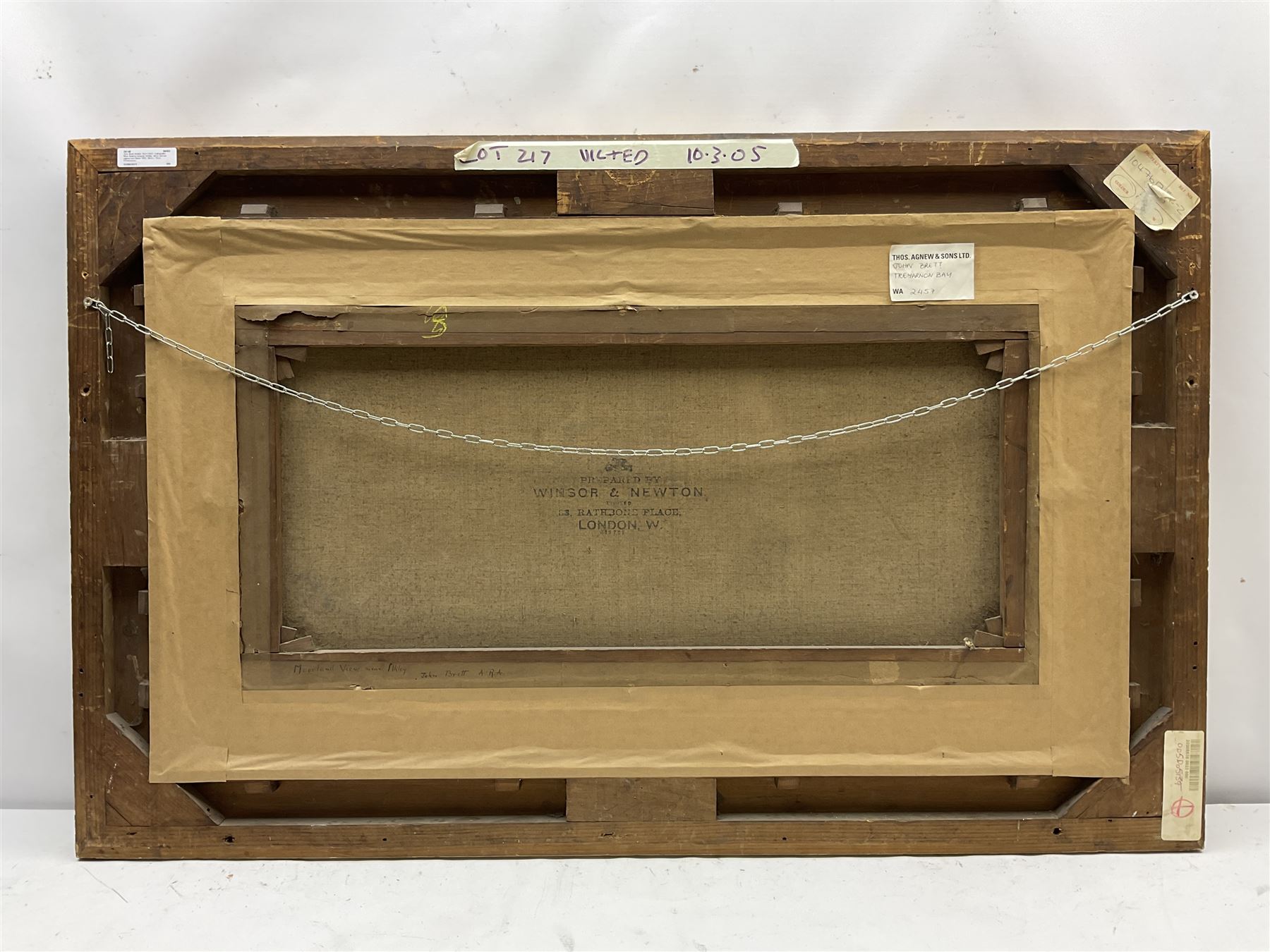 John Brett (British 1831-1902): 'Fylingdales Moor' looking towards Whitby, oil on canvas signed and dated 1890, 38cm x 76cm
Provenance: East Yorkshire private collection; exh. Royal Academy 1891 No.458; purchased by W.A. Pye Esq. in February 1891 for the sum of £100, then by descent through the Pye family; Sotheby's London 12th November 1992, Lot 132; Thomas Agnew & Sons Ltd. London (then listed as Treyarnon Bay) No.WA2457 (label verso) where purchased by J.E. Dayton; Sotheby's London 10th March 2005, Lot 217, where purchased by the vendor (at the same sale an oil sketch of the same scene was sold as Lot 218).
Literature: Birmingham Daily Post 30th May 1891; C. Payne & C. Brett: John Brett: Pre-Raphaelite Landscape Painter (Yale Univ. Press 2010) Cat no.1350, ill p 236
Notes: The painting has previously been erroneously listed as Treyarnon Bay; this is because the frame, made for the artist by Dolman & Son, previously contained 'Treyarnon Bay' of 1889, and a label previously affixed to the frame displayed this title.