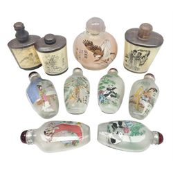 Seven Chinese glass snuff bottles painted with figures and animals, together with three wood mounted bone examples