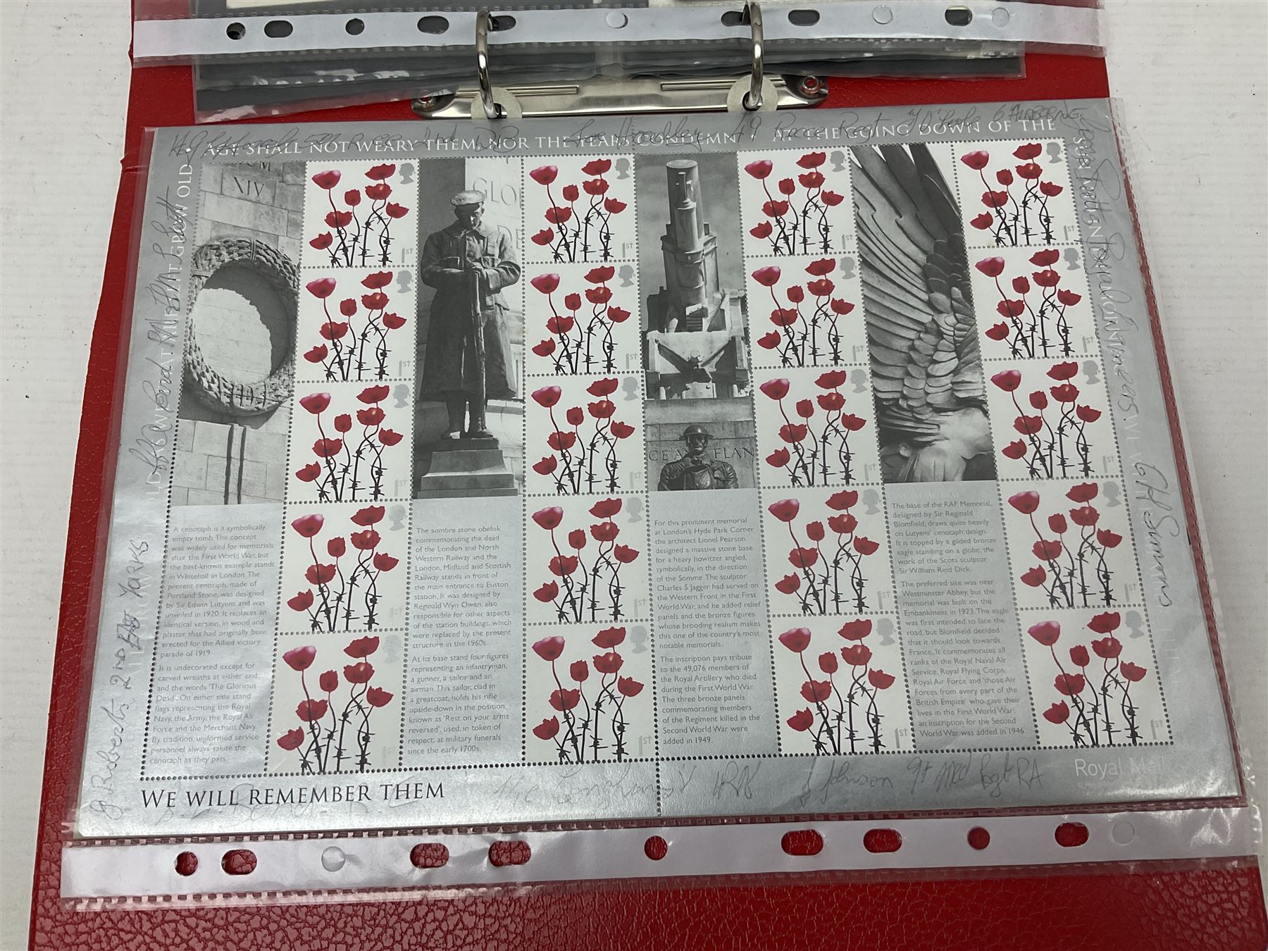 Mint block of twenty Royal Mail Remembrance Day 1st Class stamps with various signatures around the margin; and thirteen First Day Covers of military/maritime interest