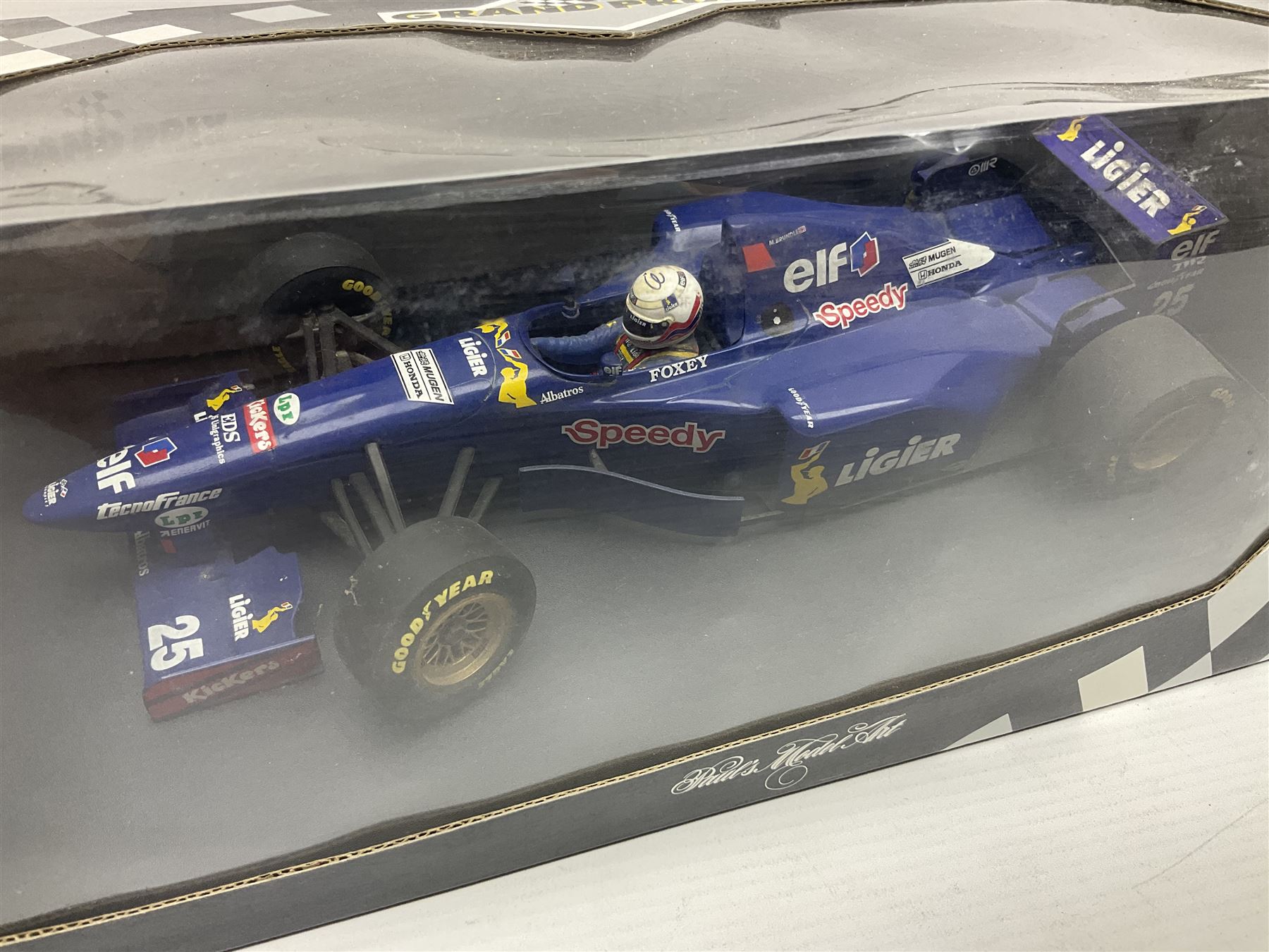 Three Paul's Model Art Grand Prix 1:18 scale die-cast racing cars - Williams Renault FW17 D. Hill; Ferrari 412 T1 J. Alesi; and Ligier Honda JS41 M. Brundle; all boxed (3)