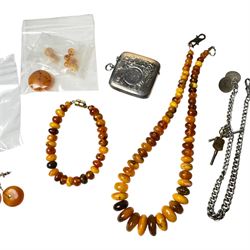 Amber type beads and earrings, silver Albert chain, silver vesta case  and a 9ct gold cameo brooch