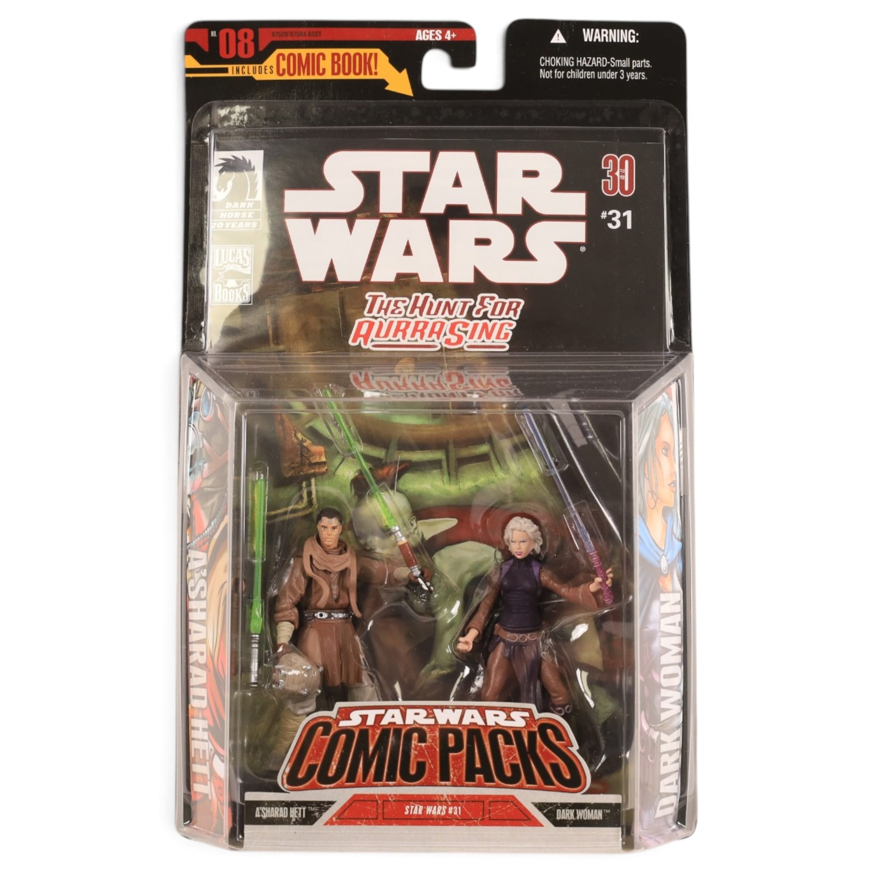 Four Hasbro Star Wars 3.75 inch figure Comic Packs, comprising The Hunt for Aurra Sing #31, Infinities #4, Star Wars Republic #55 and Heir to the Empire #5, all in blister packs