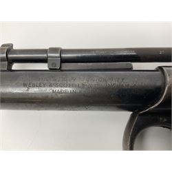 Webley 'Junior' .177 air pistol with top lever action and wooden grips; marked The Webley Junior .177 Webley & Scott Ltd Birmingham 4 Made in England to left side of cylinder; numbered 078 to muzzle and J3007 to trigger guard; L21cm; together with part tin of Webley .177 Special Pellets NB: AGE RESTRICTIONS APPLY TO THE PURCHASE OF THIS LOT.