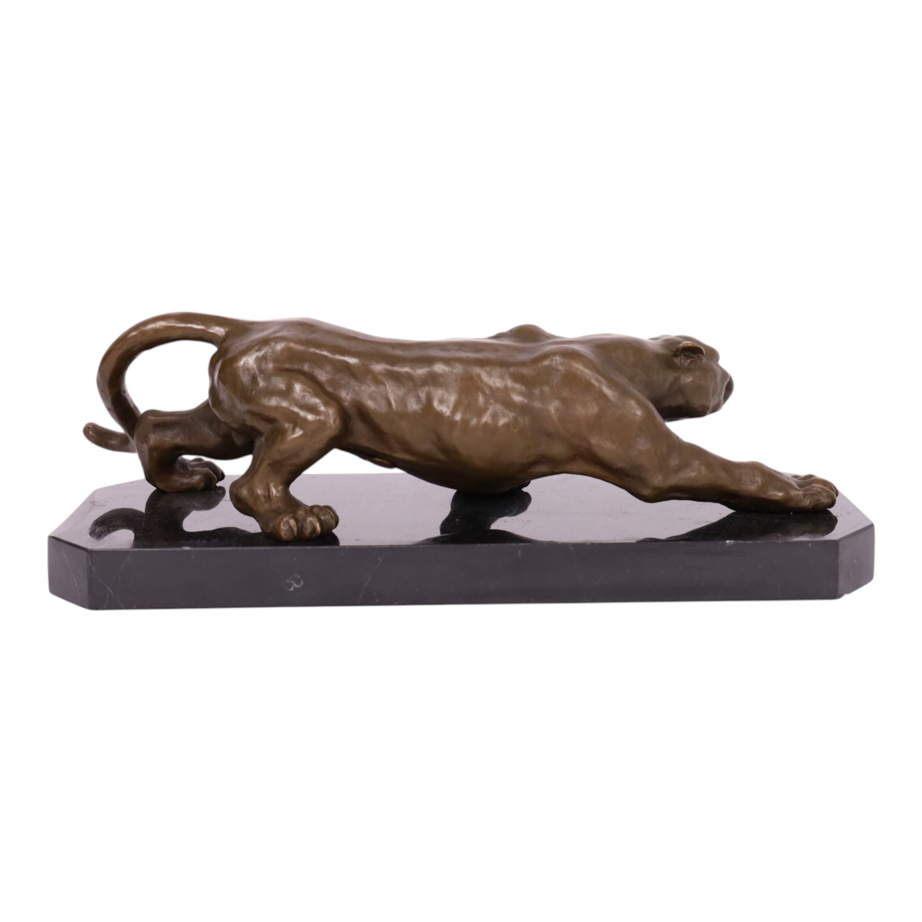 After Milo - bronze modelled as a crouching panther, upon a marble base, H14cm, L
40cm