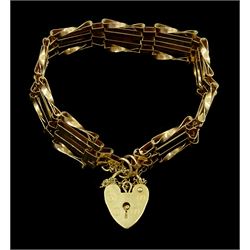 9ct gold four bar gate bracelet, with heart locket clasp, hallmarked
