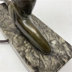 1930s Art Deco spelter table lamp, modelled as a nude woman holding aloft a spherical crizzled glass shade, upon a marble base, H48cm