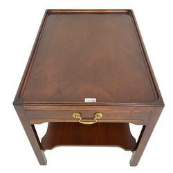 Mahogany side table or end table, the dished rectangular top with moulded edge, fitted with single end drawer, moulded square supports with inner chamfer united by under-tier 