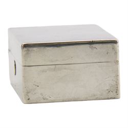 Victorian silver travelling desk compendium, of plain rectangular form, the hinged cover opening to reveal a fitted gilt interior containing inkwell, vesta case, fold down candle holder and seal tray, hallmarked Thomas Johnson I, London 1871, also bearing retailer mark for Asprey Bon Street, H3.5cm W8cm D5.5cm