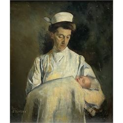 Benjamin Strasser (Austrian 1888-1955): Portrait of a Midwife, oil on board signed 47cm x 39cm