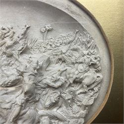 Justin Mathieu, two oval high relief plaque depicting a battle scenes, each within a wooden frame, frame  H21cm, L25cm