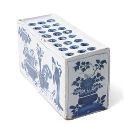 18th century English Delft flower brick, painted with a Chinese figure stood beside antiques, W16.5cm