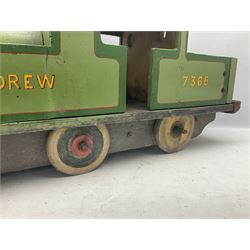 1960s scratch-built green, black and red painted wooden model of a 4-6-0 tank locomotive 'Andrew' No.7365 L88cm; and an unused wall mounting die-cast model display cabinet with glass door and shelves 52 x 40cm (2)