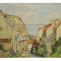 Ken Johnson (British 20th century): 'September at Staithes' - Church Street, oil on canvas signed, titled verso with artist's Bridlington address 50cm x 55cm
