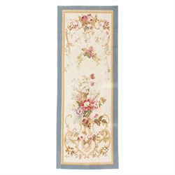 Aubusson flatwoven runner, cream field decorated with floral bouquets and scrolling foliat...