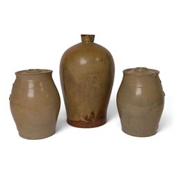 Stoneware flagon, impressed G Piercy Mkt Weighton 2 Gall, together with two salt-ware sprit barrels for Whisky and Brandy 