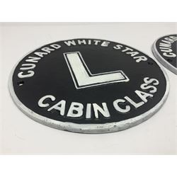 Pair of reproduction cast iron Cunard White Star signs, D25cm 