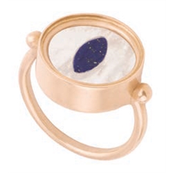 18ct gold inlayed rainbow moonstone with lapis lazuli, snake eye design ring