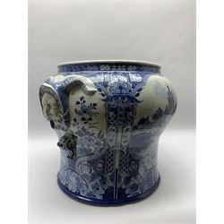 Large 20th century Delft blue and white jardinière, of baluster form with twin zoomorphic mask lug handles, decorated with hand painted panels of waterside scenes, within foliate surround, impressed and painted marks beneath for De Porceleyne Fles workshop, Delft, H35cm, rim D32