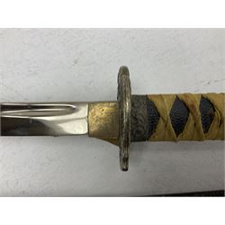 Reproduction Japanese katana with 63cm slightly curving fullered steel blade, ornate tsuba, cord bound grip and gilt transferred black saya L92cm; and two fencing foils, one marked Leon Paul (3)