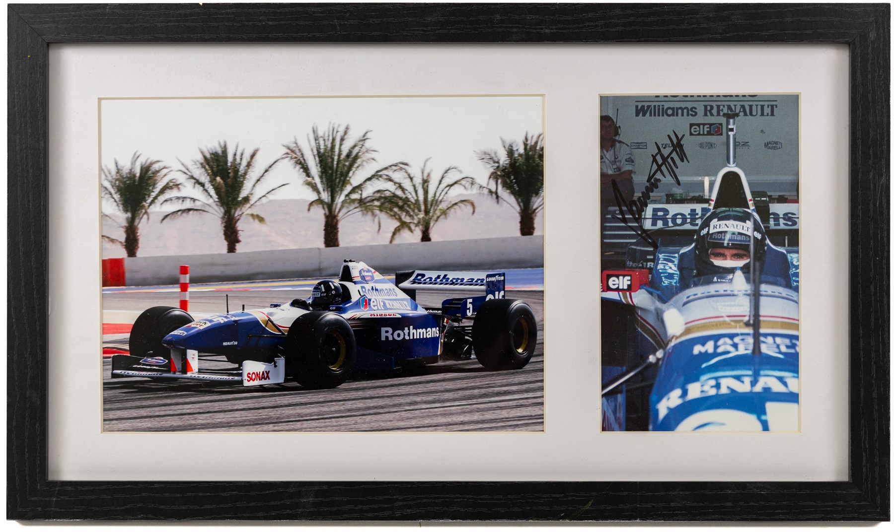 Ten signed Formula 1 photographs, comprising eight Damon Hill examples, Jenson Button and a Nigel Mansell example, nine with certificates of authenticity from Write Stuff Autographs, all framed, largest H47cm, W67cm