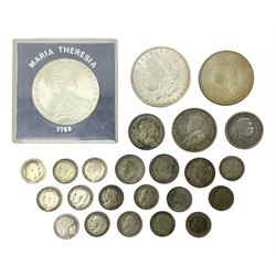 King George V British West Africa 1916 two shillings coin, King George VI Australia 1943 shilling, United States of America 1887 Morgan dollar, Bahrain 1968 500 fils silver coin, Maria Theresa restrike thaler and other coinage 