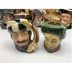 Large collection of Royal Doulton character jugs, to include Robinson Crusoe D6532, Tam O Shanter D6632, The Falconer D6533 etc, together with similar charater jugs and toby jugs   