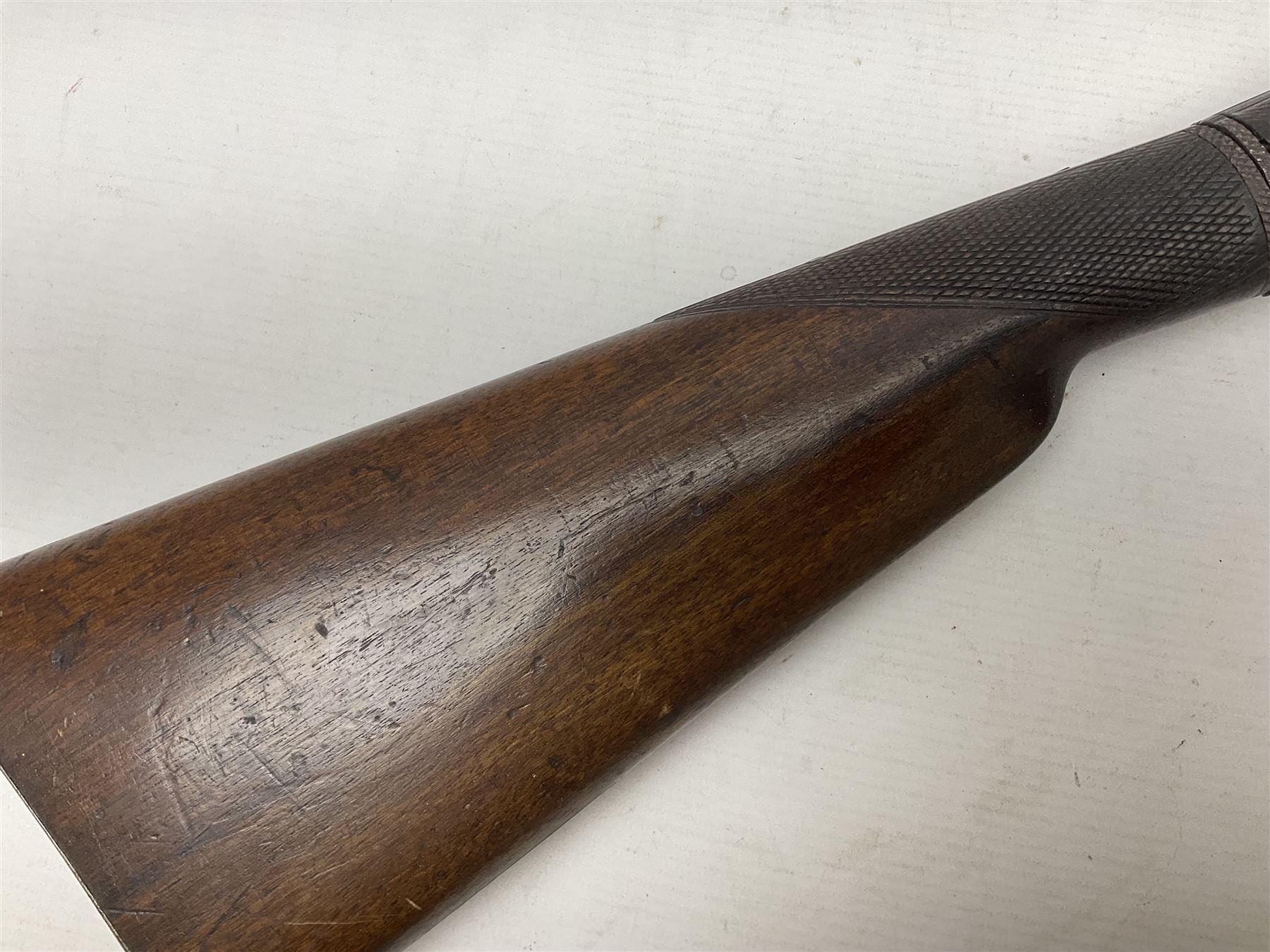 19th century take down 'cripple stopper' single barrel percussion gun, removable walnut stock with bayonet style fitting, chequered grip and fore-end, approximately 8-bore, the 59.5cm (23