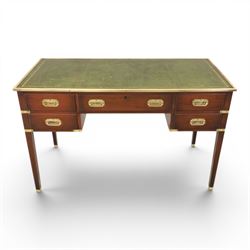 Military campaign style mahogany writing desk, inset gilt-tooled green leather writing sur...