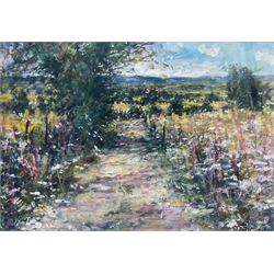 Mike Jones (British Contemporary): 'A Country Lane' and 'Harvest Time', pair acrylics signed, labelled verso 33cm x 48cm (2)
