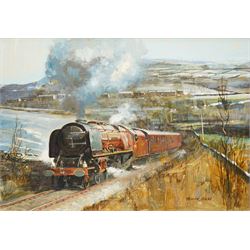 Frank Wass (British 20th century): 'British Railways Princess Coronation Duchess of Hamilton - Stanier 8p 4-6-2 on the KWV Railway', oil on board signed, titled dated 1984 and dedicated verso 38cm x 54cm