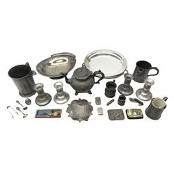 Collection of pewter to include, quart jug, one pint jug measure, teapot etc and other metalware including two Walker & Hall serving dishes