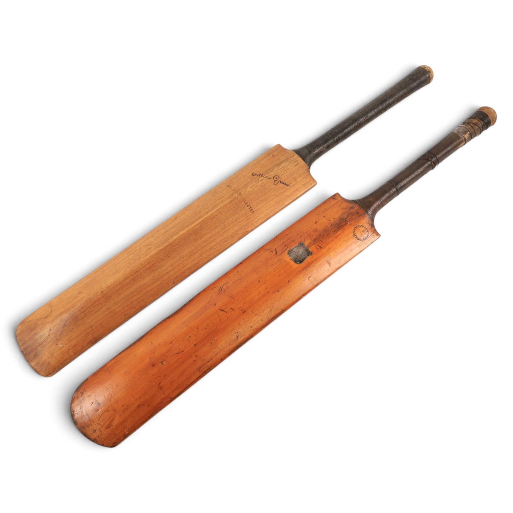 Victorian Jefferies & Malings of Woolwich cricket bat with silver plaque, presented to A.G. Baker for the Highest Average December 1874, together with a Gunn & Moore Ltd 'The Autograph' cricket bat (2)
