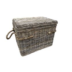 Rattan chest, rectangular hinged top with twin rope handles, wicker weave