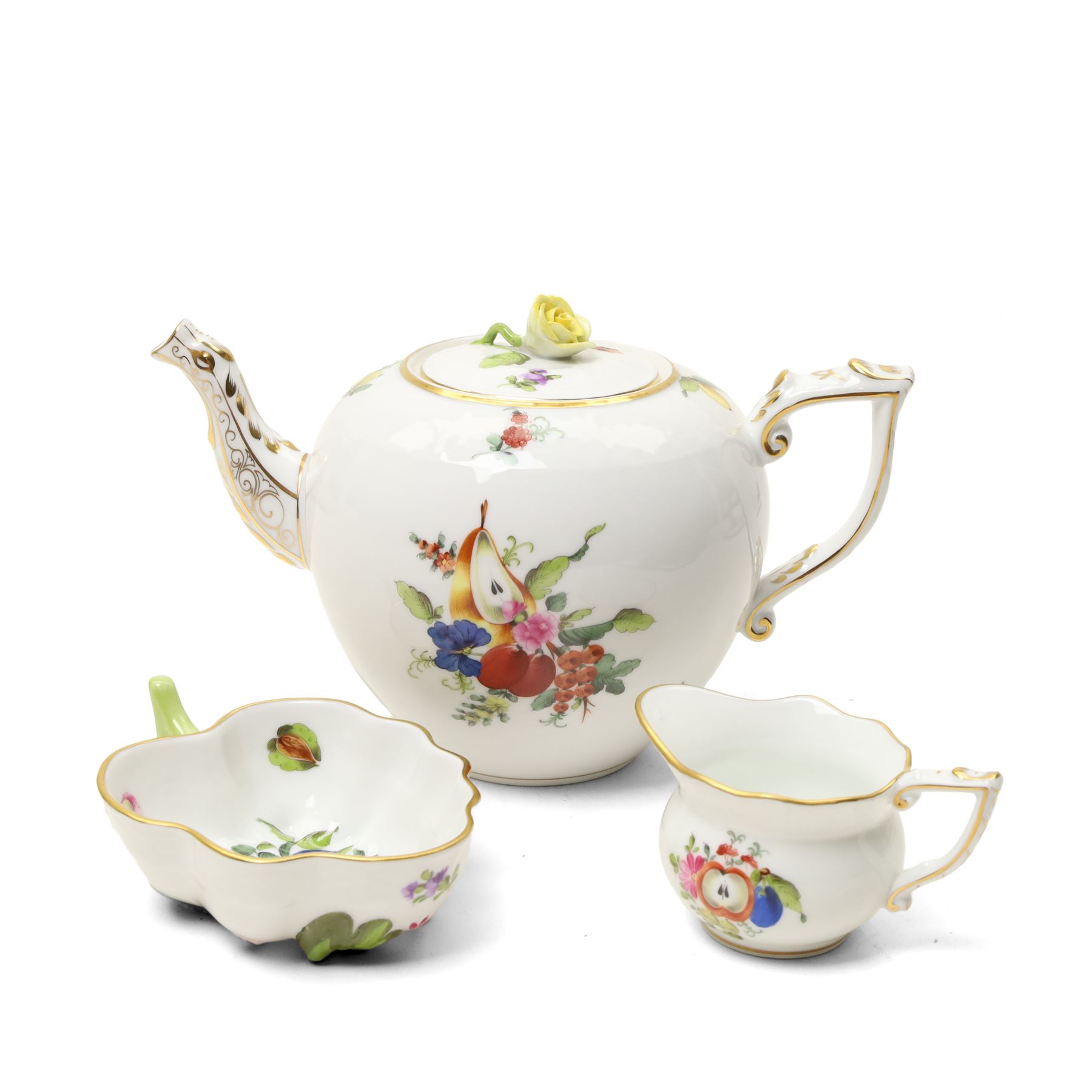Herend porcelain Tete a Tete decorated with sprays of Spring flowers and scattered leaves etc comprising cabaret tray, two cups and saucers, tea pot, leaf shape bowl and milk jug, some pieces marked Pek Jozsefine