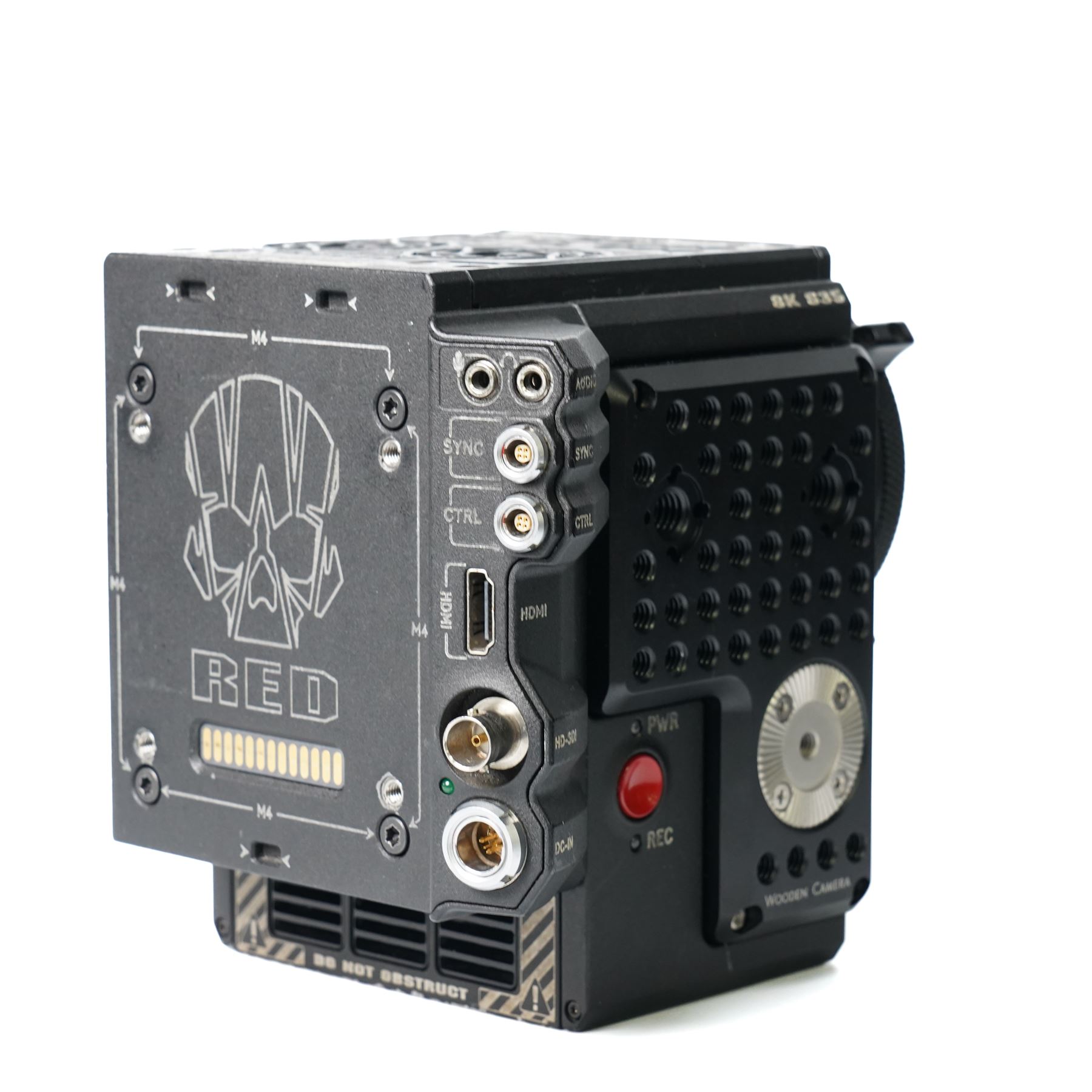 RED Epic-W Helium 8K camera body serial no. 13024E6A9, with RED EVF, three RED Mini Mag 512GB cards, one 480 Mini Mag card and reader, two RED V-Mount batteries and charger, RED top handle, Wooden Camera Easy Top top plate and one other top plate, various accessory cables, Wooden Camera bridge plate for 19mm studio rods, 12 inch Wooden Camera Dovetail plate and four 19mm studio rods to include two 380mm and two 610mm, with original Epic-W camera box and contained within a custom cut flight case