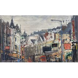 John Ross Hunt (Australian 1956-): Impressionist City Street Scene, oil on canvas board signed and dated '88, 16cm x 26cm