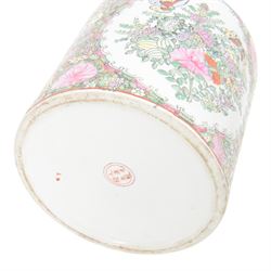 Two Canton famille rose ginger jars and covers, one decorated with birds in blossoming branches, the other with figures in a temple, together with one other jar, H30cm