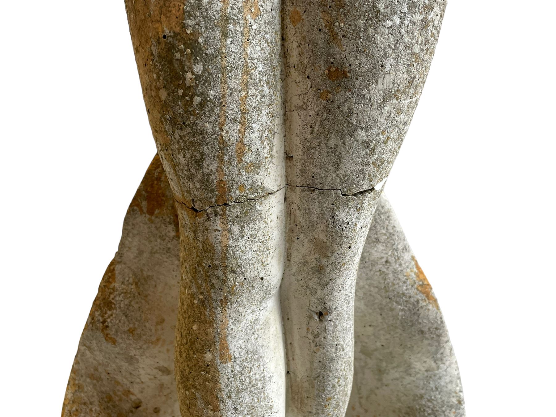 Cast stone two-piece garden figure of the Birth of Venus, depicting the goddess emerging from a stylised shell, on square base with stepped moulded plinth 