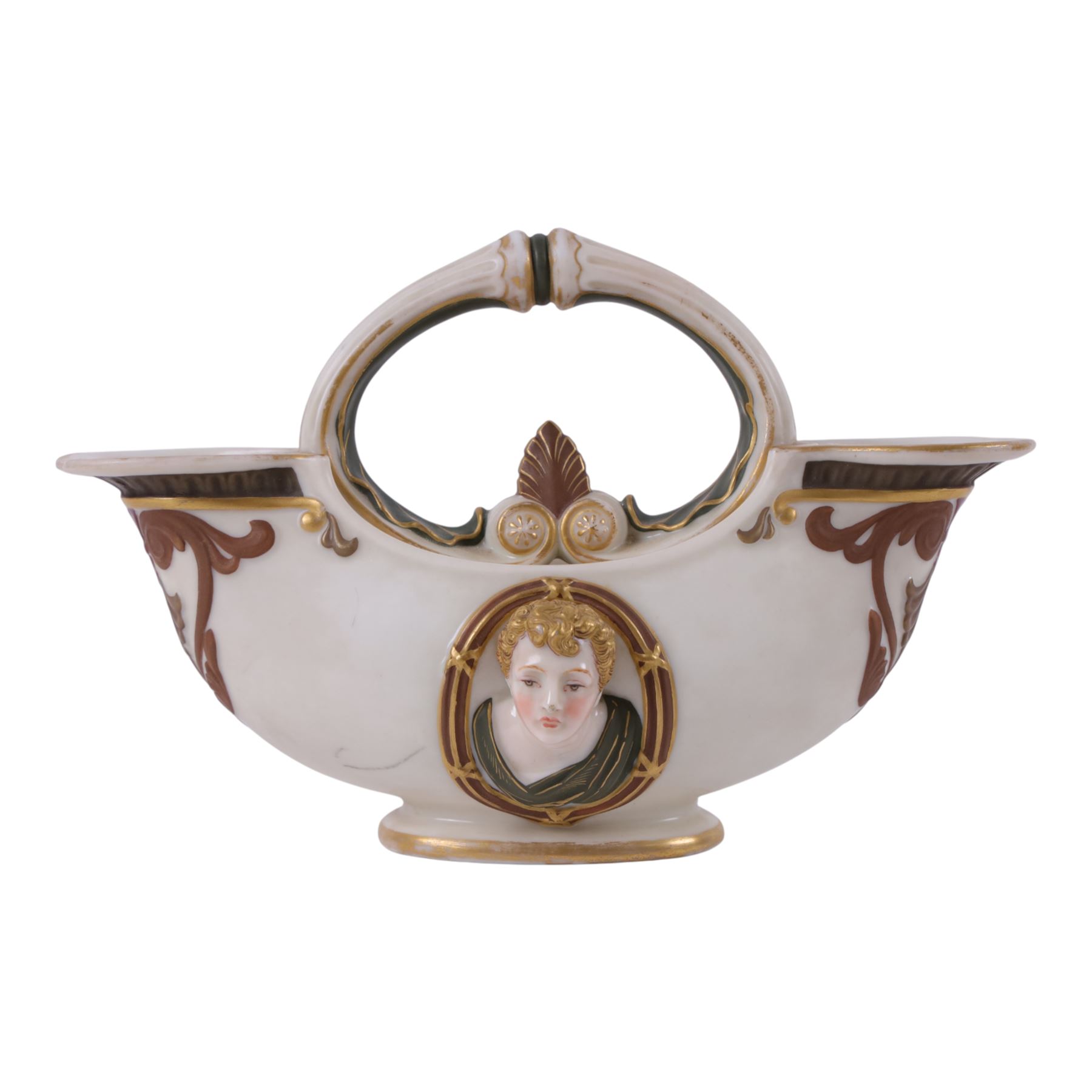 Royal Worcester double-ended vase, modelled in relief with mask panels in the classical dress the central handle with foliate and scroll work, H16cm 
