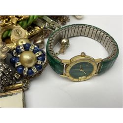 Norweigian silver enamel leaf brooch by David Andersen, together with a military issue pocket watch and a collection of costume jewellery including pair of clip on earrings by Butler & Wilson, beaded jewellery, brooches, etc