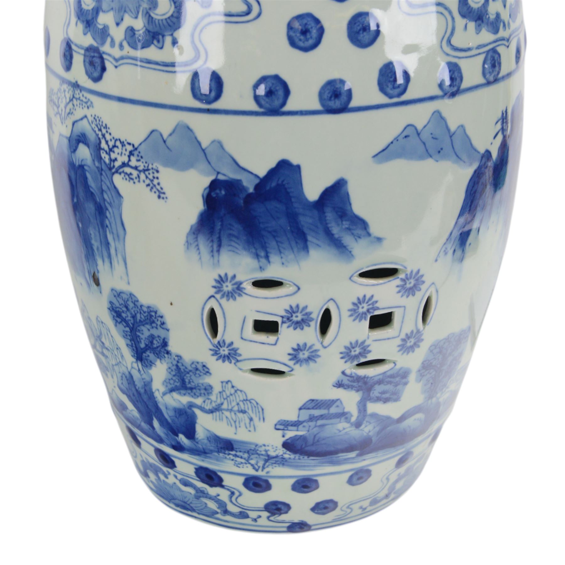 Pair of Chinese blue and white garden stools, decorated with pagodas a landscape, H40cm 
